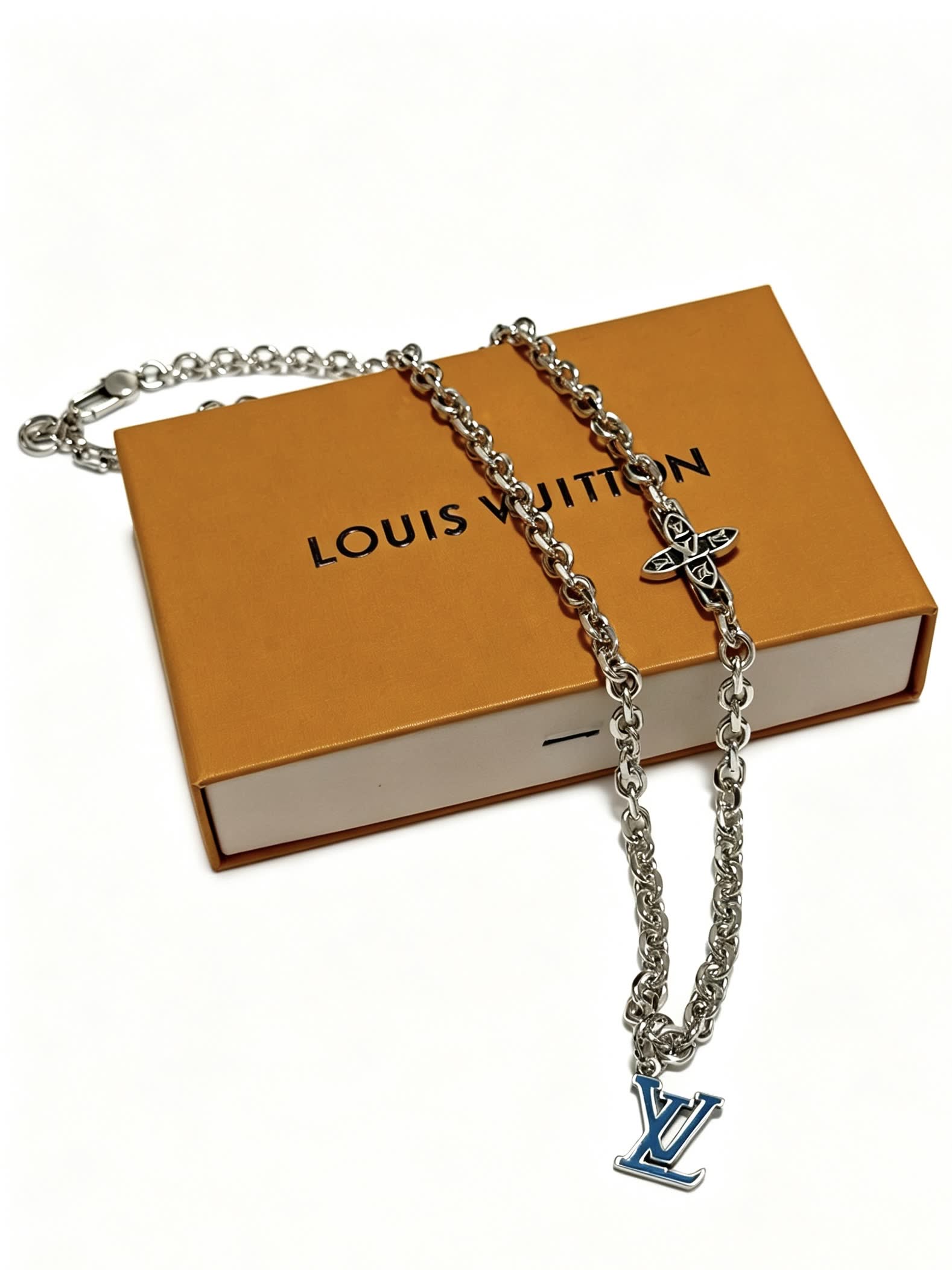 Louis Vuitton Silver Chain Necklace with LV Logo